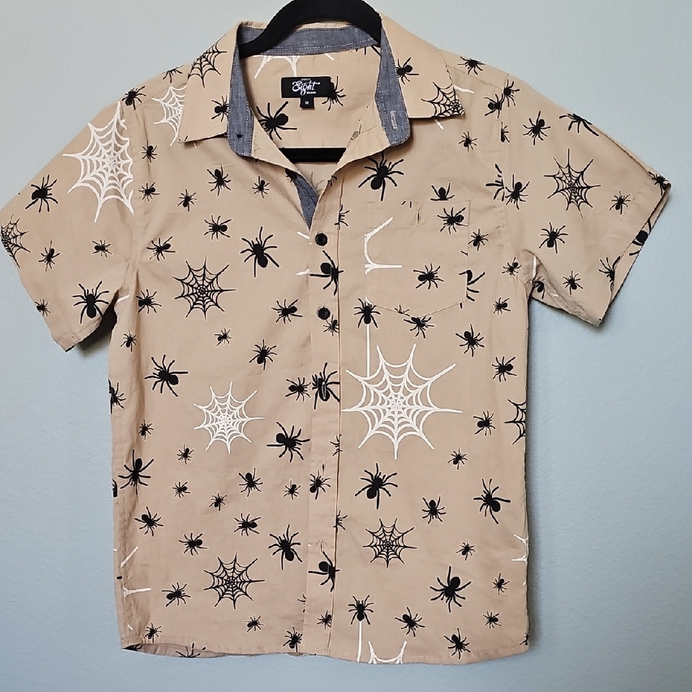Eighty Eight Brand Tan Button Front Shirt with Spider Web Design Kids 14